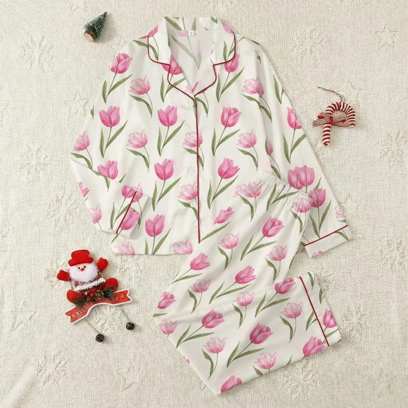 Women's Hand-Drawn Watercolor Fuchsia Pink Tulip Olive Green Leaf Botanical Repeat on Creamy Off-White Satin Pajamas Set - 1