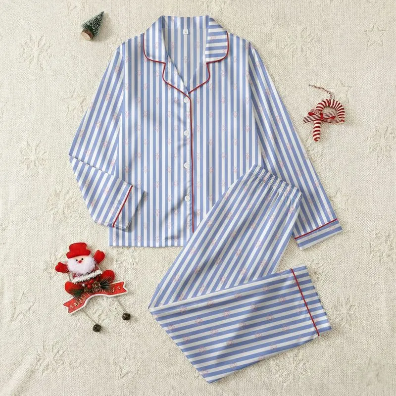 Women's Soft Periwinkle Blue & Crisp White Thin Vertical Stripes with Delicate Pink Four-Leaf Clovers Satin Pajamas Set - 1