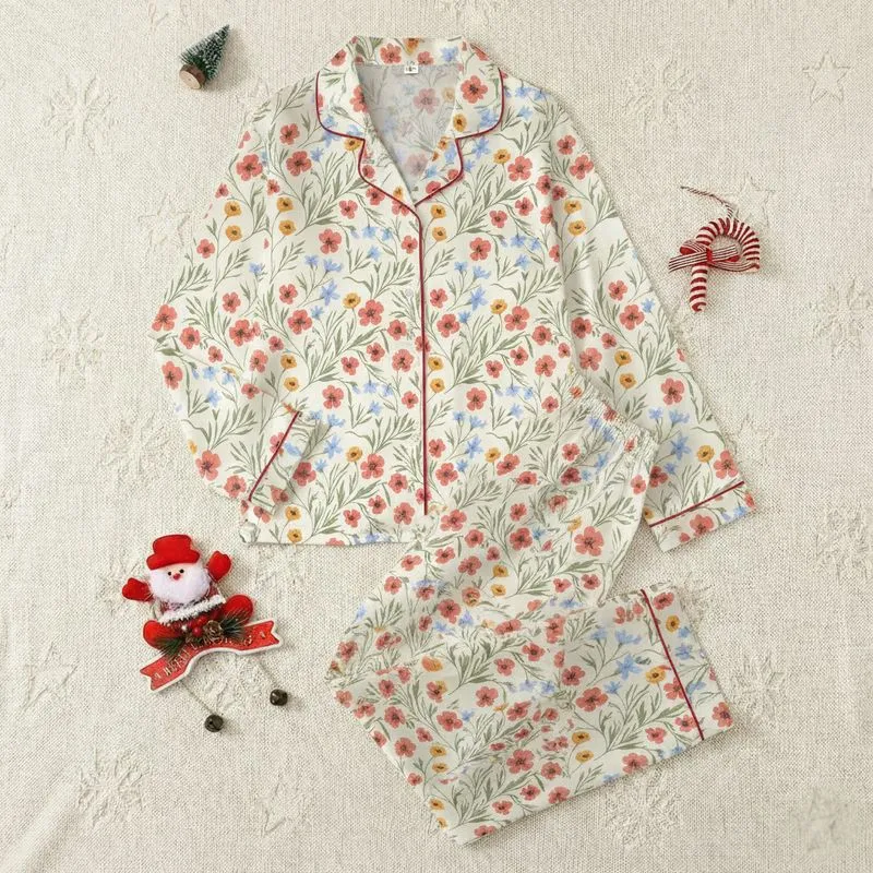 Women's Hand-Drawn Vintage Watercolor Wildflower Coral Pink Blue Sage Pattern Satin Pajamas Set - 1