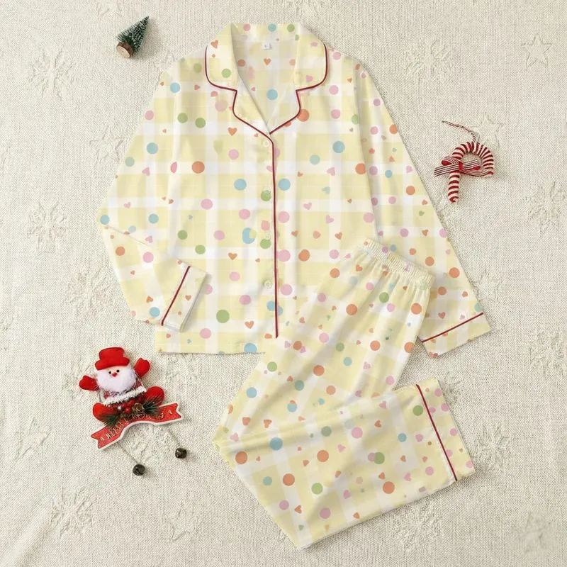 Women's Pastel Yellow Gingham Checks with Playful Pink Green Blue Orange Polka Dots & Hearts Satin Pajamas Set - 1