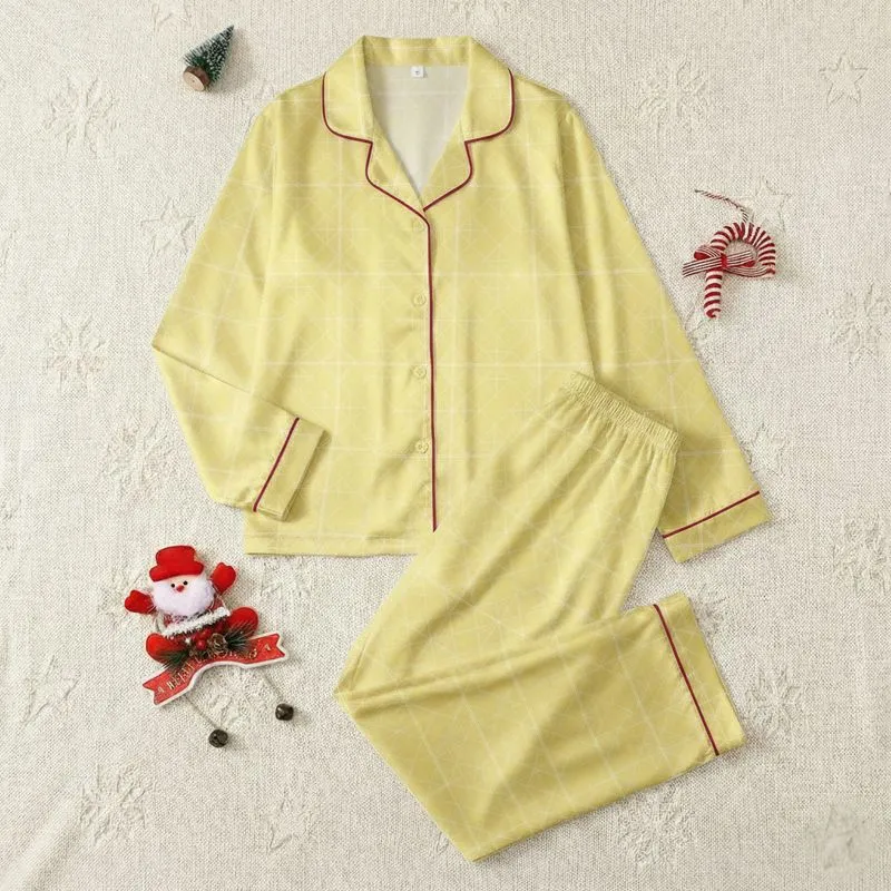 Women's Soft Pastel Lemon Yellow Minimalist Micro-Grid Pattern Satin Pajamas Set - 1