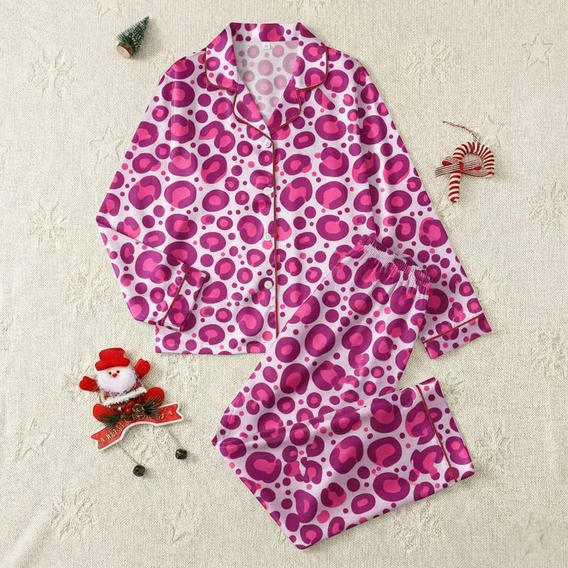 Women's Vibrant Fuchsia Hot Pink Leopard Spot White Abstract Blobs Pattern Satin Pajamas Set - 1