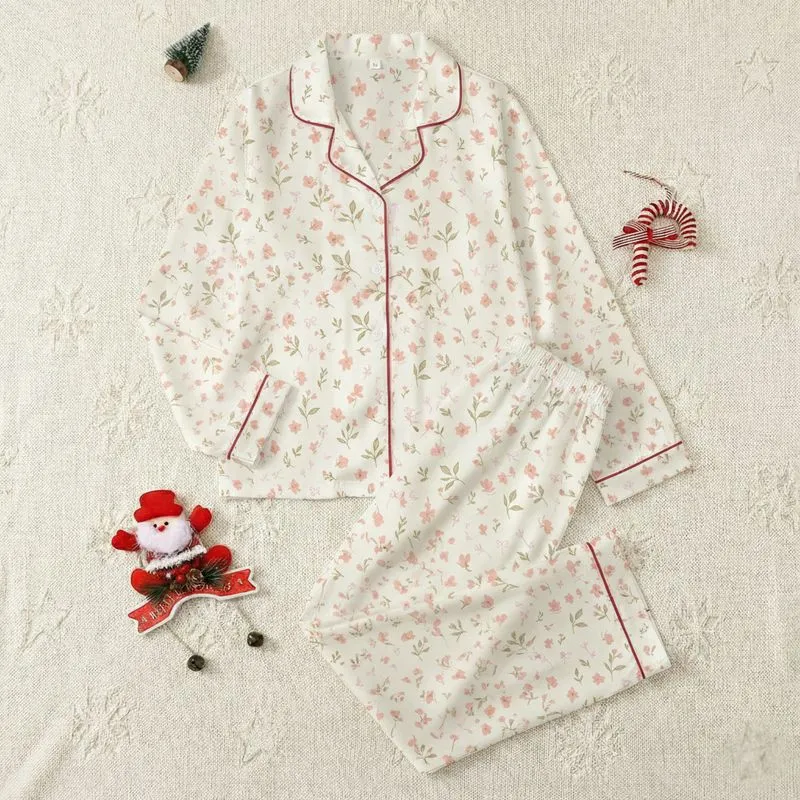 Women's Creamy Off-White Whimsical Bellflower Peach Pink Butterfly & Lilac Bow Pattern Satin Pajamas Set - 1
