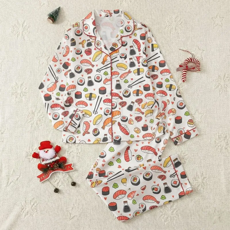 Food Lovers' Whimsical Hand-Drawn Sushi Maki Nigiri Pattern, Cute Soy Sauce, Wasabi, & Red Hearts on White Satin Pajamas Set - 1