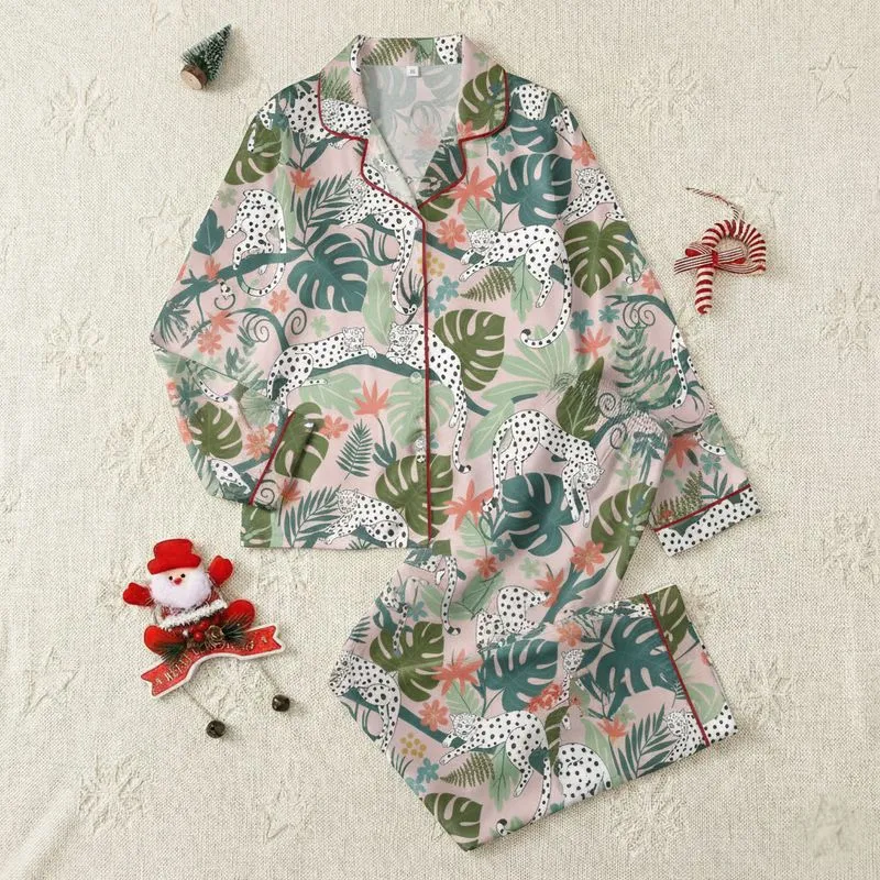 Women's Whimsical Pastel Pink Leopard Jungle Lush Botanicals with Cerulean & Coral Accents Satin Pajamas Set - 1