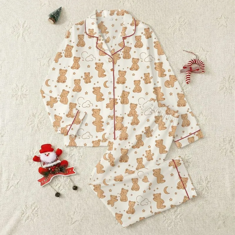Women's Whimsical Flat Hand-Drawn Brown Teddy Bear, Moon, & Star Celestial Pattern Satin Pajamas Set - 1