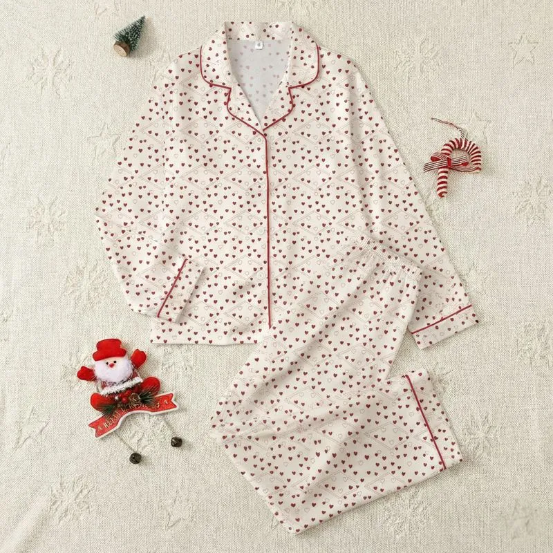 Women's Creamy Off-White & Maroon Scattered Solid & Outlined Hearts Seamless Pattern with Framed Lines Satin Pajamas Set - 1