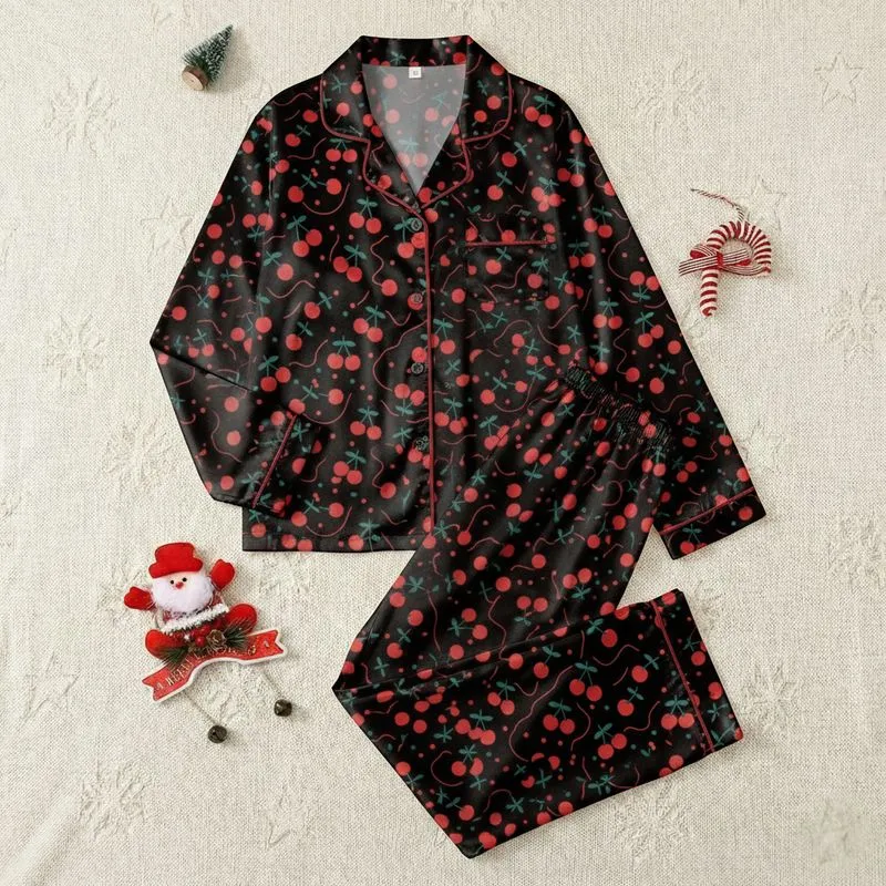 Trendy Teens' Black & Bright Red Illustrative Cherry Pattern, Teal Stems & Leaves, Wavy Lines & Polka Dots Satin Pajamas Set - 1