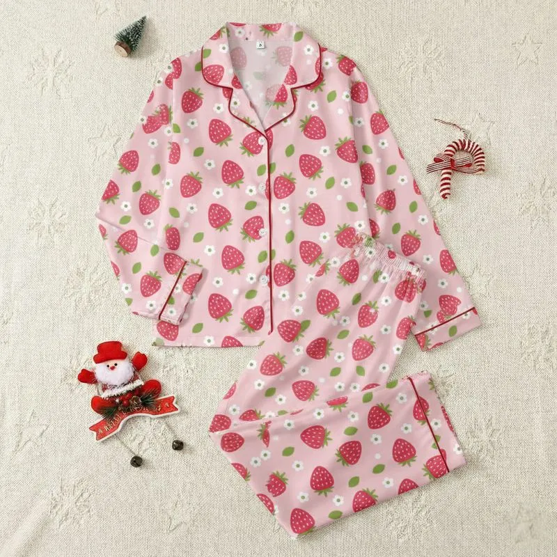 Women's Cheerful Hot Pink Strawberry & Blossom Flat Graphic Pattern on Bubblegum Pink Satin Pajamas Set - 1