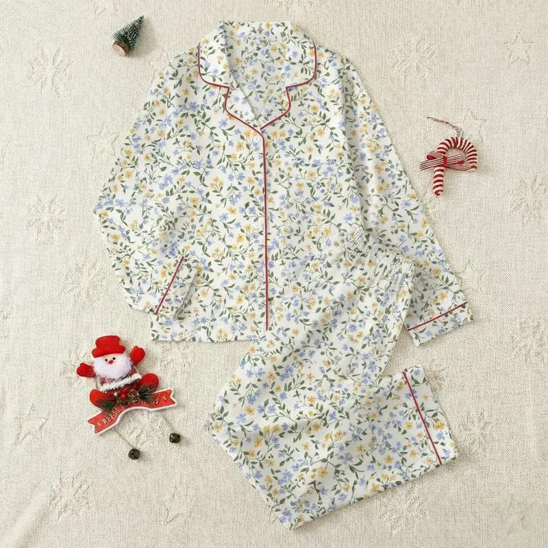 Teenager's Delicate Hand-Drawn Wild Floral Clusters in Periwinkle Blue, Pale Yellow & Forest Green on Cream Satin Pajamas Set - 1
