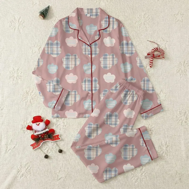 Homebodies' Dusty Rose Muted Blue-Grey Plaid Organic Cloud Shapes Pale Pink Blue Stripes Satin Pajamas Set - 1