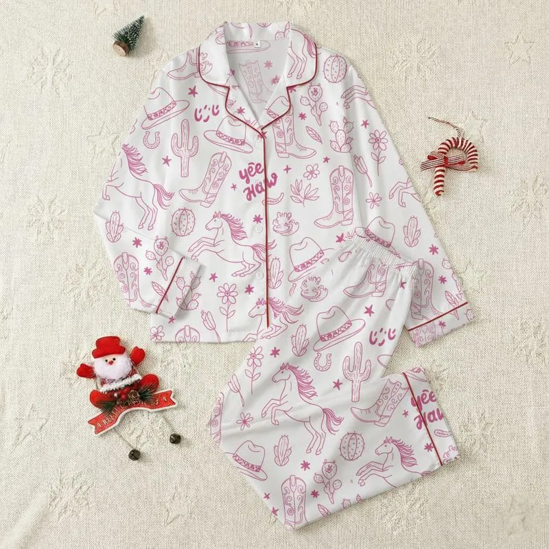 Women's Fuchsia Pink White Whimsical Western Boots, Horses, Cacti, Horseshoes, 'Yee Haw' Design Satin Pajamas Set - 1