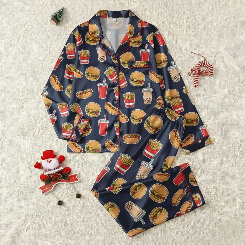 Foodie Fun Lovers' Playful Cartoon Diner Snacks Pattern with Cheeseburgers, Fries & Bubble Tea, Navy Blue Red Yellow Satin Pajamas Set - 1
