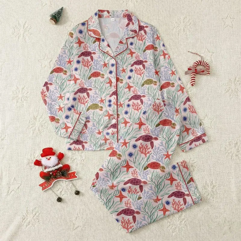 Women's Illustrative Pastel Pink Coral Reef Sea Turtle, Mint Seaweed & Deep Navy Urchin Pattern Satin Pajamas Set - 1