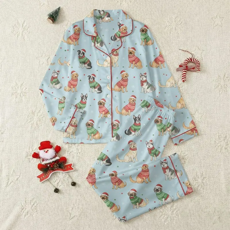 Dog Lovers' Golden Retriever French Bulldog Husky Festive Christmas Watercolor Cerulean Pattern Satin Pajamas Set - 1