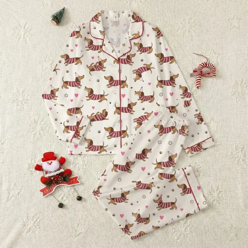 Women's Playful Dachshund Dog Pattern with Bubblegum Pink Sweaters & Party Hats on Off-White Satin Pajamas Set - 1
