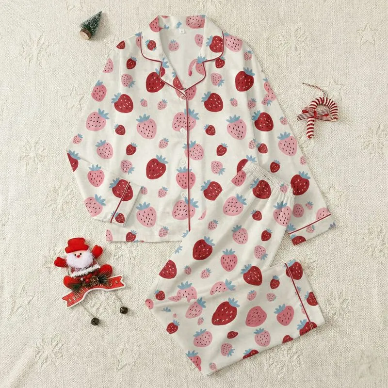 Women's Whimsical Hand-Drawn Strawberry Pattern with Red, Pink & Blue Tones on Off-White Satin Pajamas Set - 1