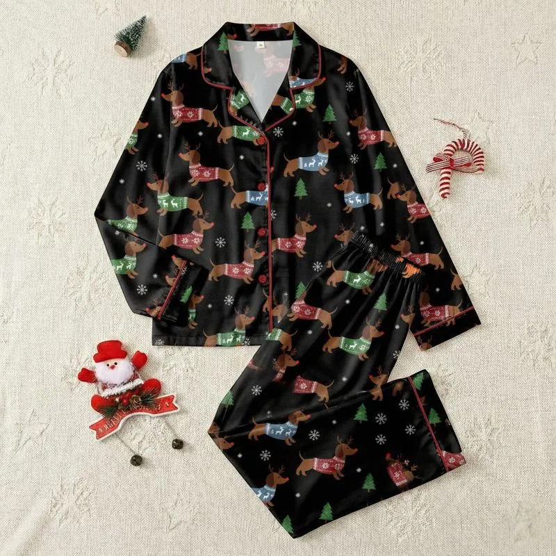 Women's Whimsical Festive Fair Isle Dachshunds Red Green Blue Antlers Black Pattern Satin Pajamas Set - 1