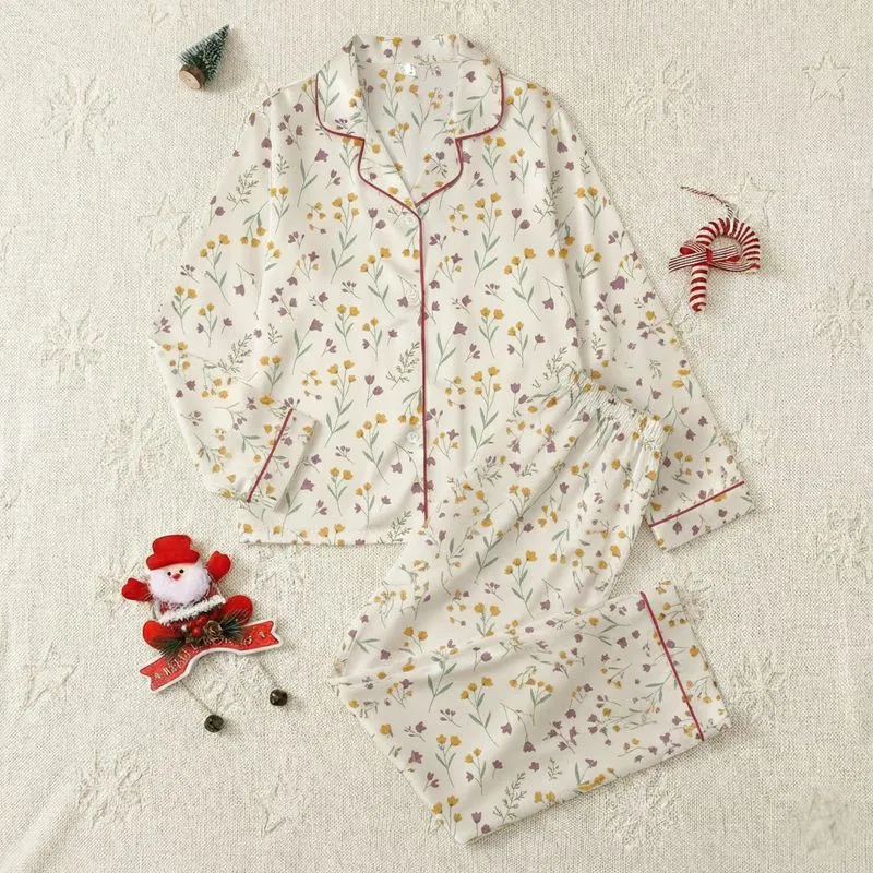Women's Delicate Hand-Drawn Wildflower Botanical Scatter Pattern with Muted Yellow, Sage Green, and Mauve Blossoms on Cream Satin Pajamas Set - 1
