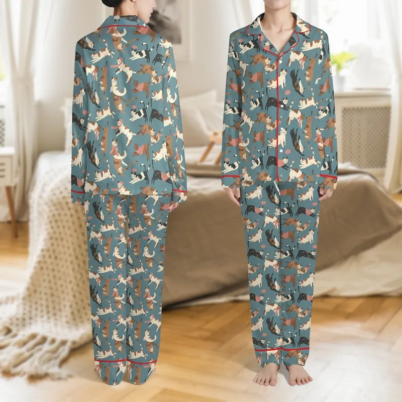 Women's Cozy Whimsical Teal Blue Cat All-Over Illustrative Pattern with Pink Accessory Details Satin Pajamas Set - 1