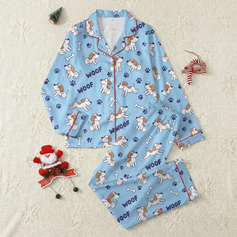 Dog Lovers' Playful Cartoon Puppy & Bone Scattered Sky Blue Indigo Design Satin Pajamas Set - 1