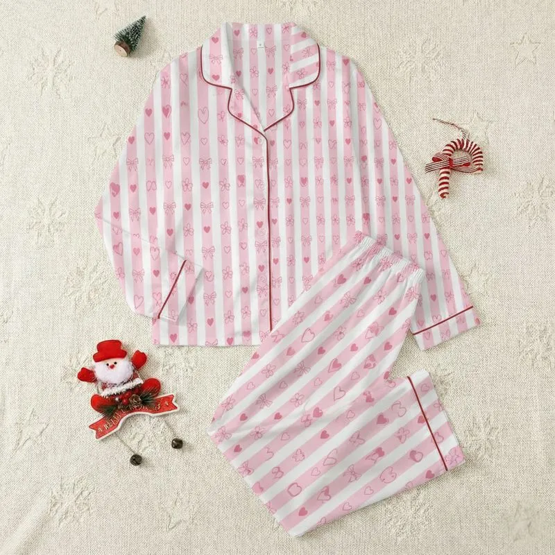 Women's Delicate Pastel Pink & White Striped Whimsical Bow Heart Flower Pattern Satin Pajamas Set - 1