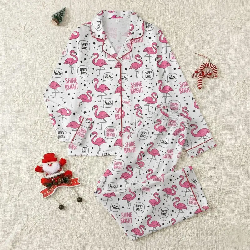 Women's Playful Hand-Drawn Doodle Flamingos Hot Pink Black White Positive Phrases Stars Pattern Satin Pajamas Set - 1