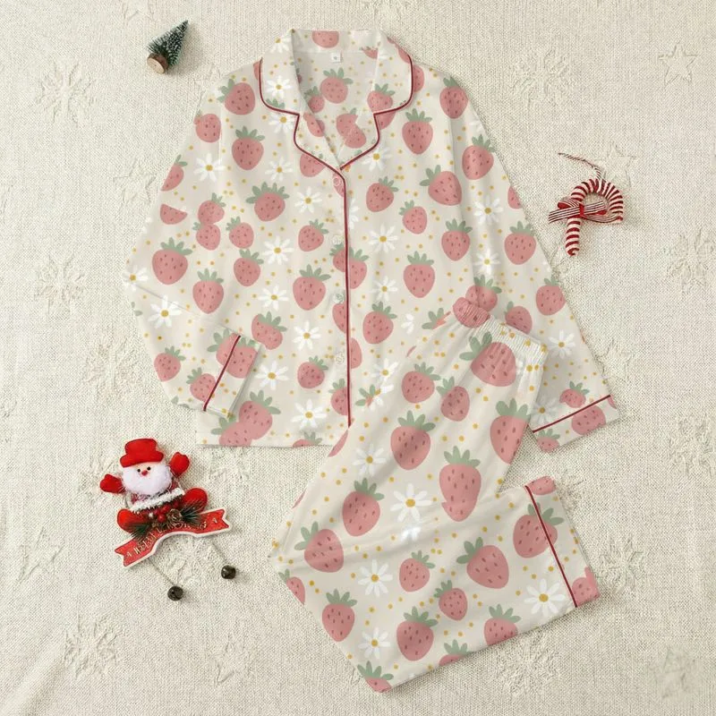 Women's Whimsical Naive Aesthetic Rose Pink Strawberry Sage Green Daisy Floral Pattern on Light Beige Satin Pajamas Set - 1