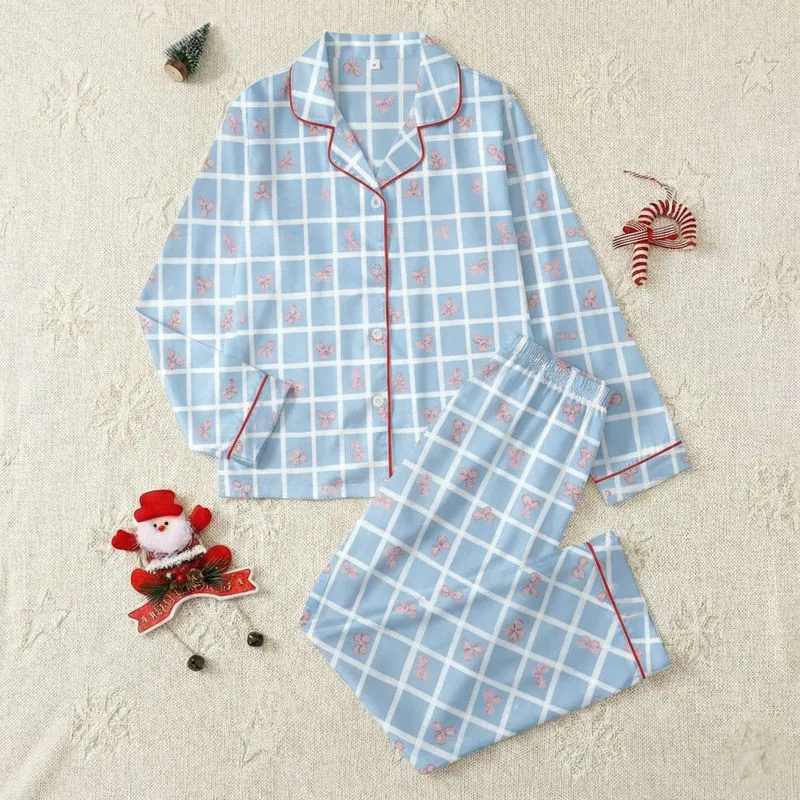 Women's Charming Pastel Blue Gingham Check Hand-Drawn Pink Bow Illustrative Print Satin Pajamas Set - 1