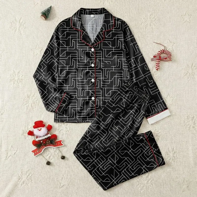 Women's Deep Black White Minimalist Geometric Interlocking Line Art Pattern Satin Pajamas Set - 1