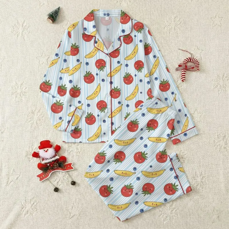 Women's Cheerful Cartoon Red Tomato Yellow Banana Blue Berry Vertical Stripe Satin Pajamas Set - 1