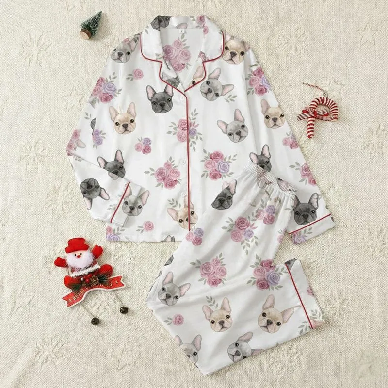 French Bulldog Lovers' White Watercolor French Bulldog Charcoal Blush Rose Floral Satin Pajamas Set - 1