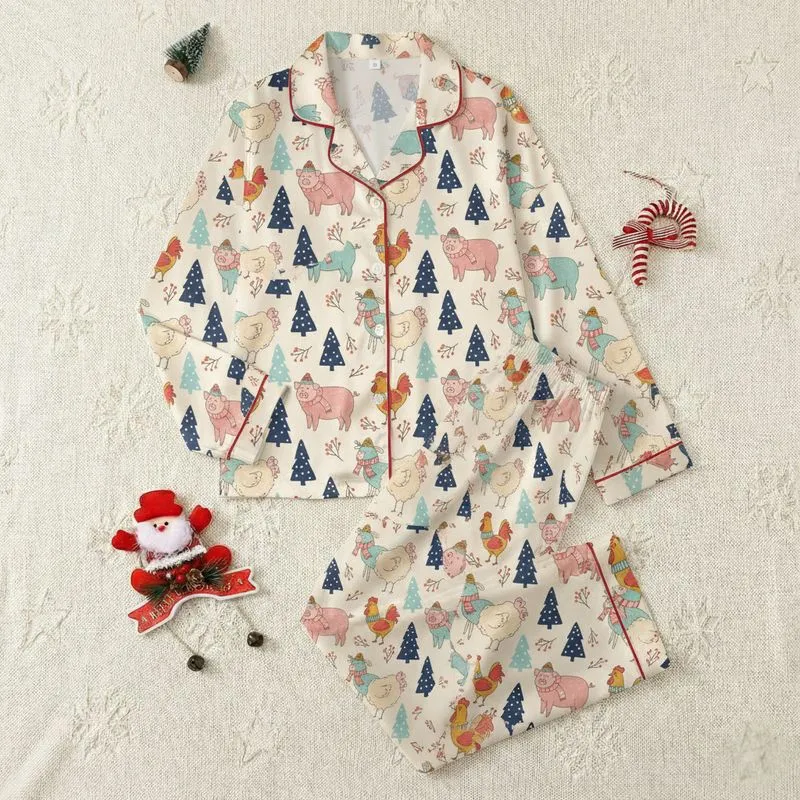 Women's Whimsical Farm Critter Festive Pattern with Soft Pink, Blue, Mustard Animals & Rustic Holiday Trees Satin Pajamas Set - 1