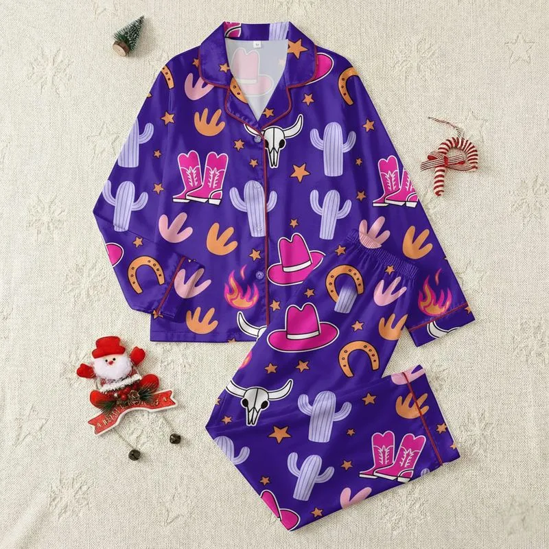 Women's Deep Royal Purple Western Cartoon Hot Pink Boots Cactus Bull Skull Print Satin Pajamas Set - 1