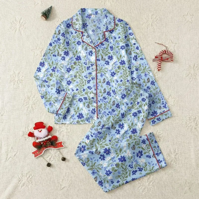 Women's Blue Floral & Butterfly Hand-Drawn Botanical with Olive Green Foliage Satin Pajamas Set - 1