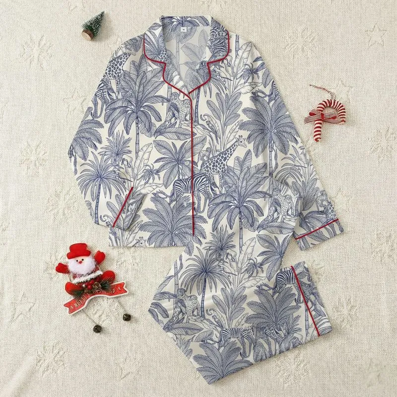 Women's Creamy Off-White Deep Navy Vintage Engraving Safari Jungle Wildlife Pattern Satin Pajamas Set - 1