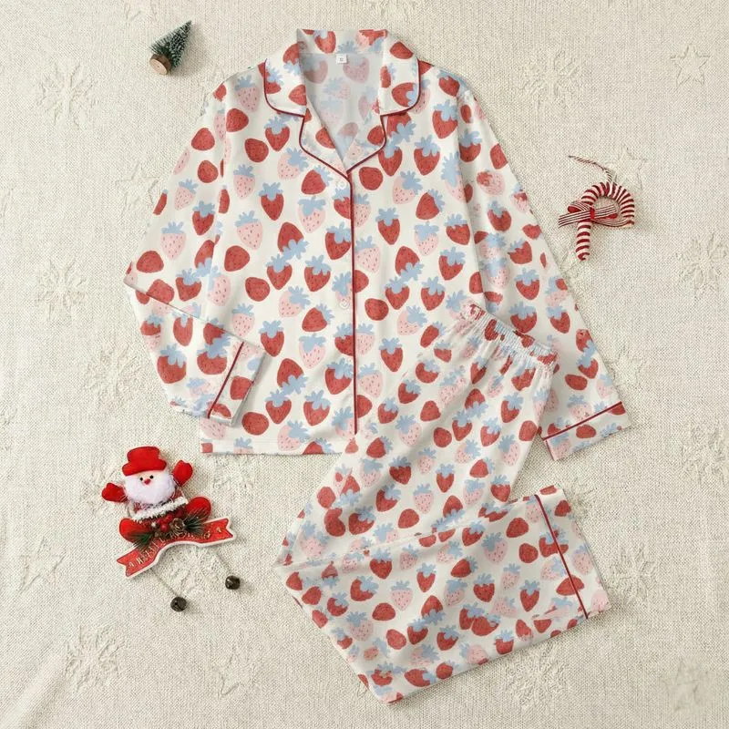 Women's Cream Background Red & Pink Hand-Drawn Strawberry All-Over Print with Sky Blue Dip Satin Pajamas Set - 1