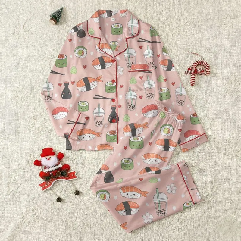 Women's Blush Pink Whimsical Cartoon Smiling Sushi Boba Tea Cherry Blossom Pattern Satin Pajamas Set - 1