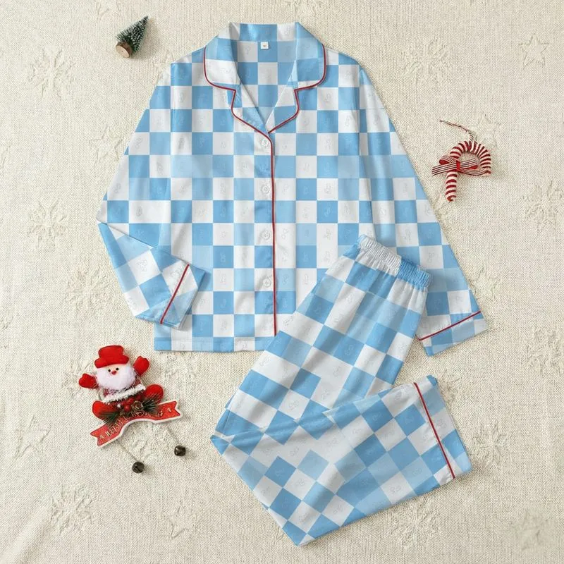 Women's Crisp White & Pastel Baby Blue Large Geometric Grid Subtle Abstract Organic Outline Satin Pajamas Set - 1
