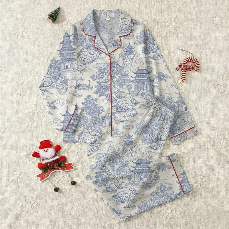 Women's Delft Blue Chinoiserie Engraved Landscape Toile, Pagoda & Crane Pattern on Cream White Satin Pajamas Set - 1