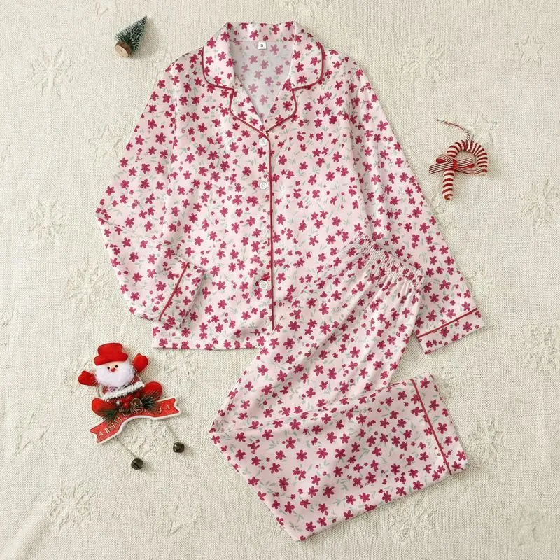 Women's Pastel Pink Ditsy Floral Fuchsia Crimson Petal Light Blue Stem Pattern Satin Pajamas Set - 1