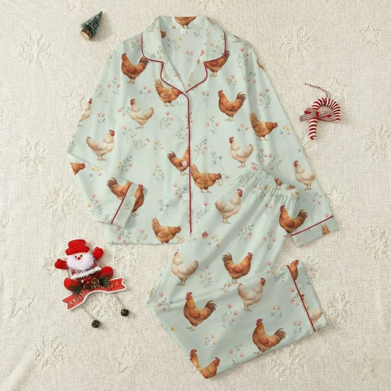 Women's Whimsical Watercolor Hens Roosters Wildflowers Pale Mint Green Rustic Earth Tones Satin Pajamas Set - 1