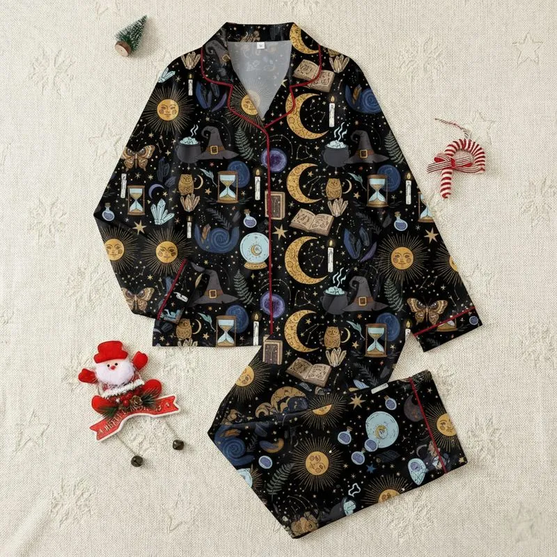 Women's Dark Whimsical Mystical Collage with Golden Suns, Crescent Moons & Bones Satin Pajamas Set - 1