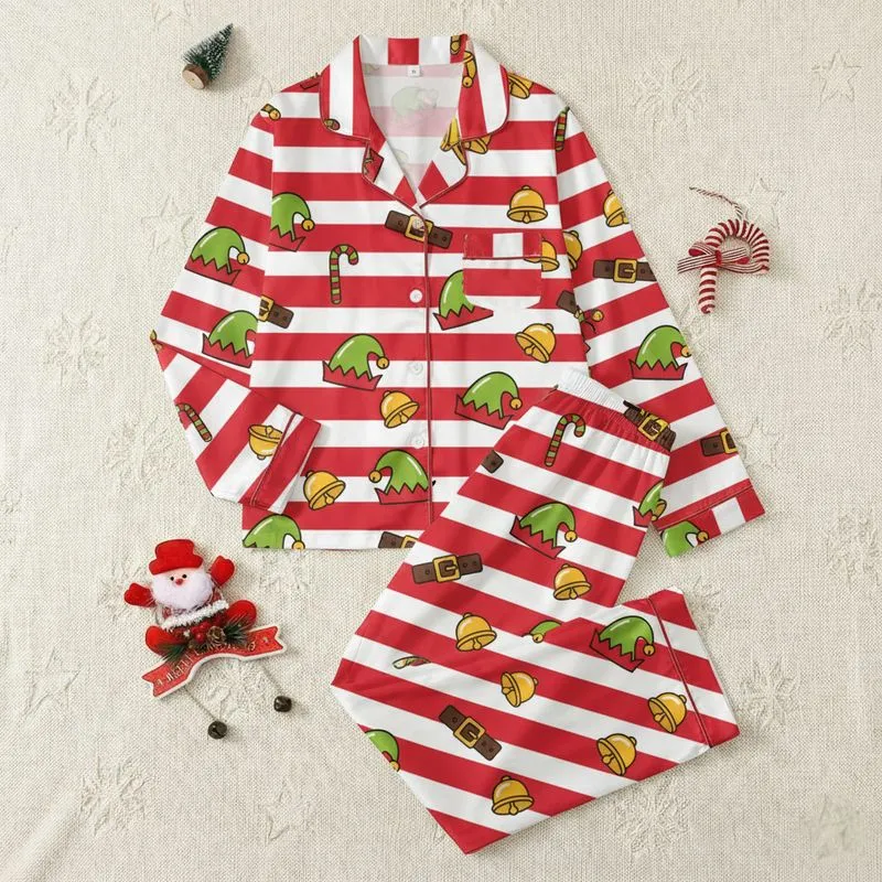 Men's Festive Red White Wide Stripe Cartoon Elf Hat Jingle Bell Candy Cane Motif Satin Pajamas Set - 1