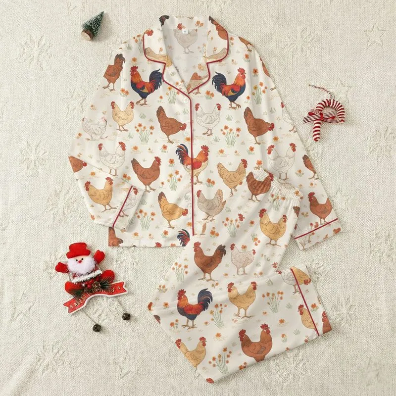 Women's Illustrative Farm Rooster Hen Whimsical Creamy Off-White Orange Yellow Floral Pattern Satin Pajamas Set - 1