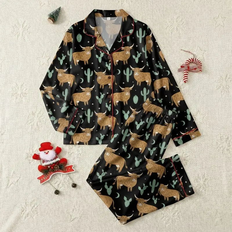 Women's Whimsical Golden Highland Cow Muted Mint Cactus Black Star Moon Print Satin Pajamas Set - 1