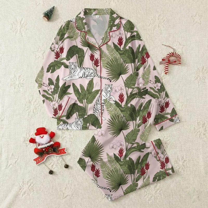 Girls' Pastel Pink White Tiger Tropical Illustrative Palm Orchid Pattern Satin Pajamas Set - 1