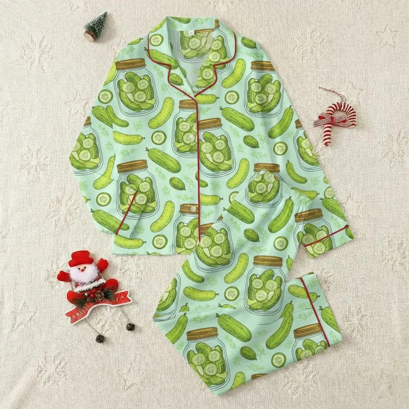 Pickle Lovers' Whimsical Watercolor Pickles, Jars & Dill Seamless Pattern Pale Mint Green Satin Pajamas Set - 1