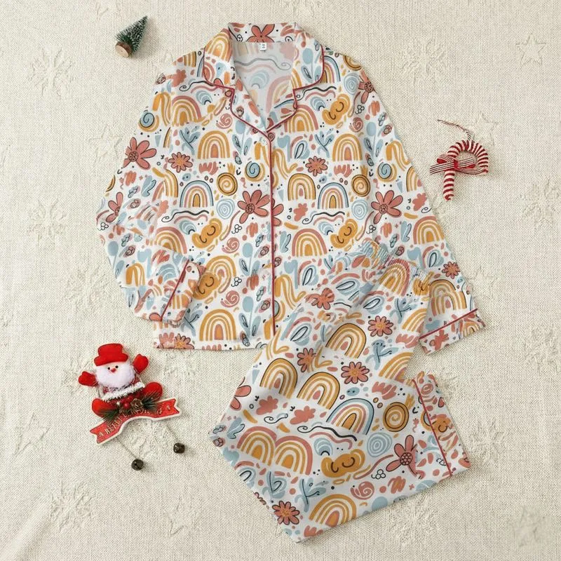 Women's Whimsical Hand-Drawn Abstract Rainbow Botanical Dusty Rose Pink Baby Blue Mustard Pattern Satin Pajamas Set - 1