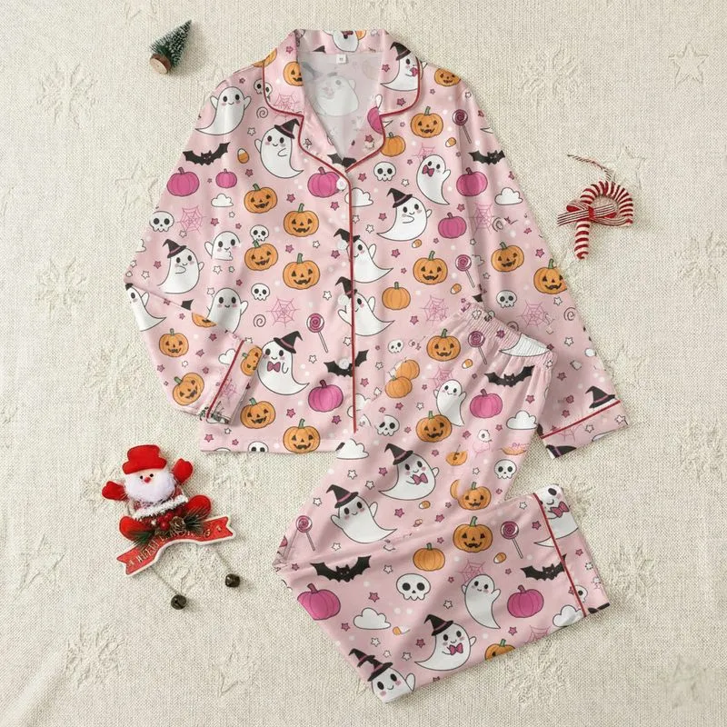 Women's Whimsical Pastel Pink Halloween Ghosts Pumpkins Bats Candy Corn & Skulls Pattern Satin Pajamas Set - 1